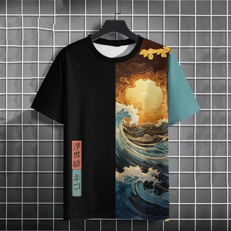 Colorful Waves Sun Pattern T Shirt For Men Color Block 3D Printed Tees Casual Short Sleeve Round Neck Tops Street T-Shirts