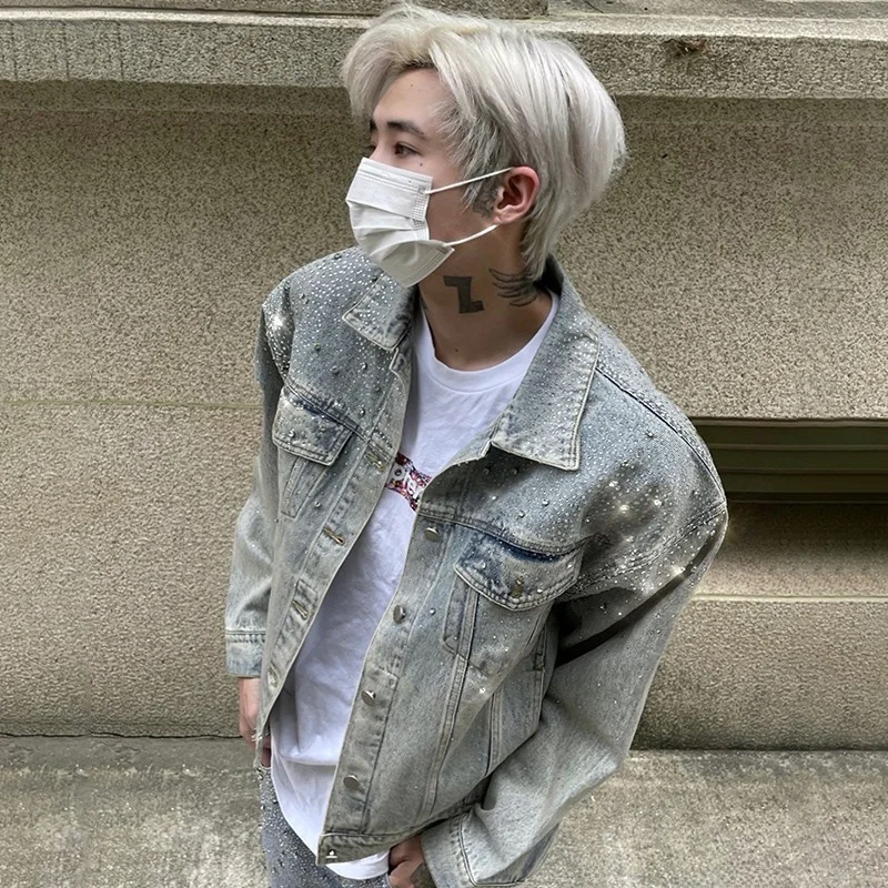 

Autumn Winter Handmade Denim Jaet Rhinestone Embellied Casual High Street Collarl Coat Youth ular All Seasons