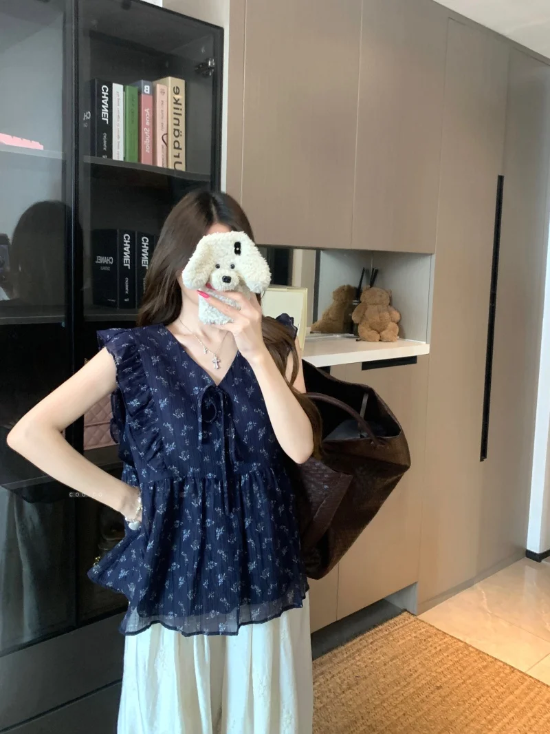 Kumikumi Sweet Style Floral Print Chiffon Top Women's Summer Slimming Versatile Chic Blouse Cap Sleeve V Neck Loose Fit Shirt