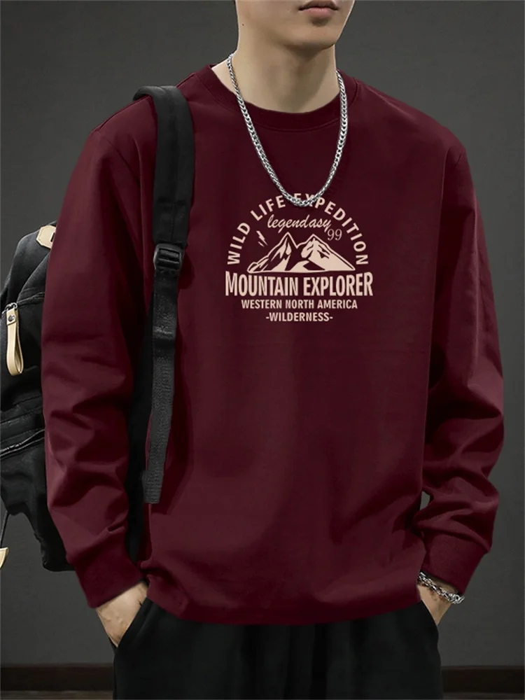Heavyweight Long Sleeve Cotton T-Shirt Men's Loose Fit Bottoming Shirt Fashion Urban Style Printed Breathable round Neck Top