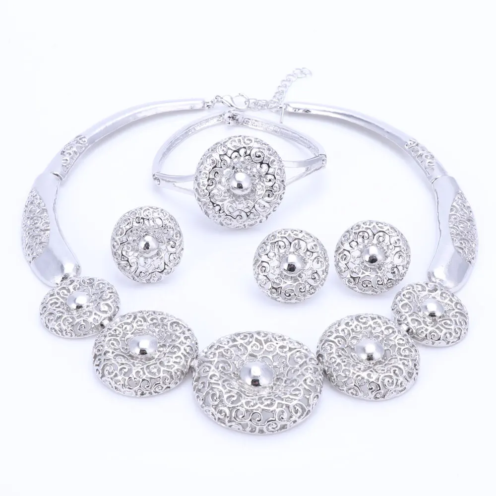 Vintage Women Clear Crystal Hollow Patterns Silver Plated African Dubai Bridal Wedding Costume Necklace Jewelry Sets