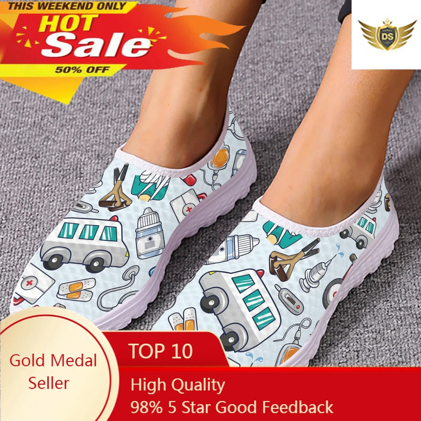 

Trendy Ambulance Medical Box Printing Lightweight Breathable Summer Shoes Soft Sole Nurse Shoes Walking Shoes