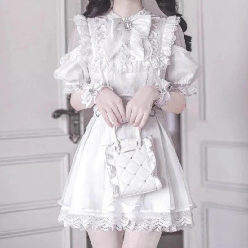 Y2K Bow Lace Dresses Summer Sweet Department College Off Shoulder Contrasting Cinched Waist Dresses Versatile 2 Piece Set New