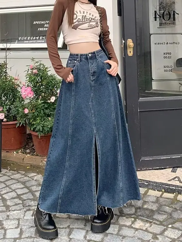 Denim Skirt Midi Vintage - Yüksek Bel Yırtmaçlı Kot Etek Kadın