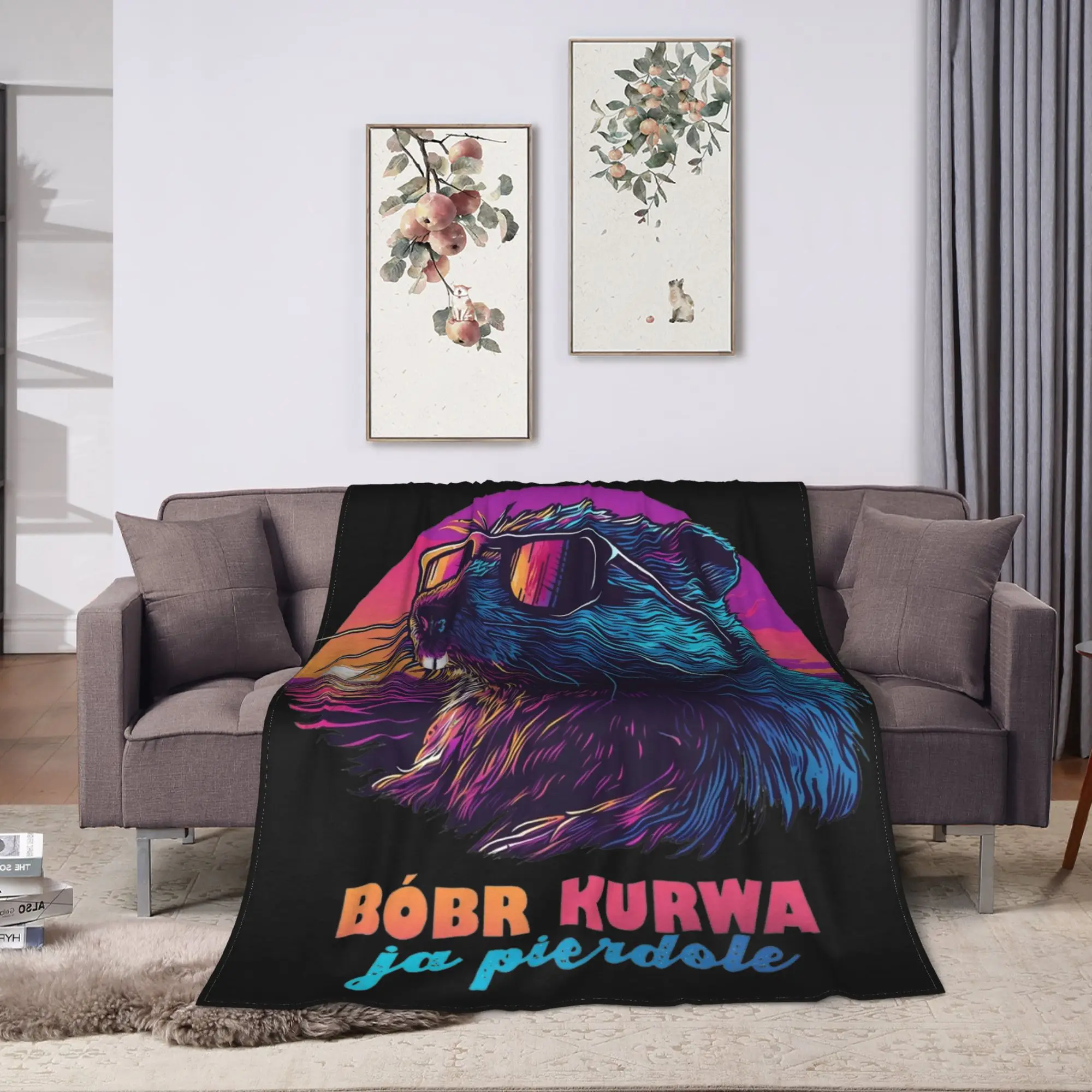 Warm Soft Blanket Synthwave Polish Beaver Meme Ja pierdole Bobr Bober Kurwa Throw Blanket Flannel Bedspread For Couch Bed Cover