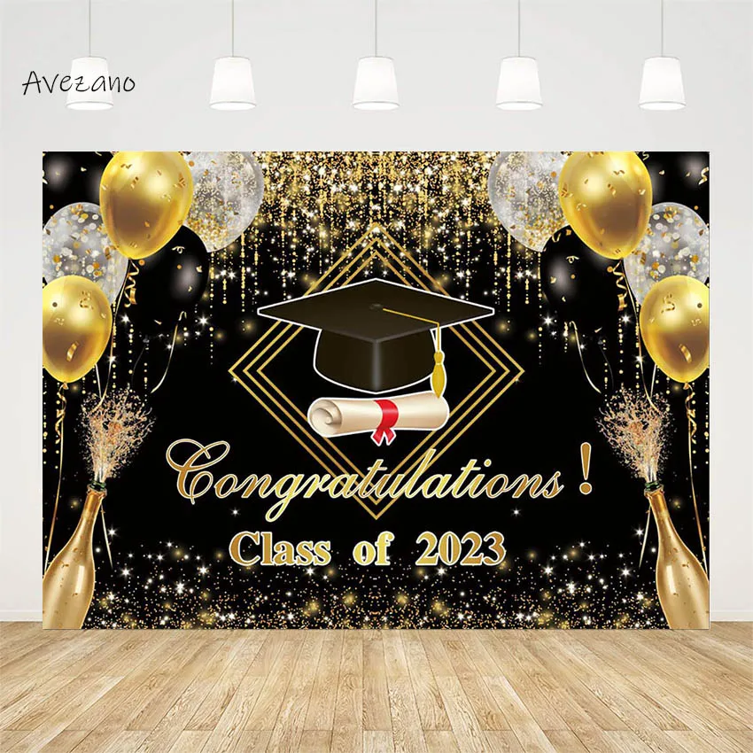 

Avezano Photography Backdrop Congratulations on Graduation Class of 2023 Gold Champagne Hat Party Decor Background Photo Studio