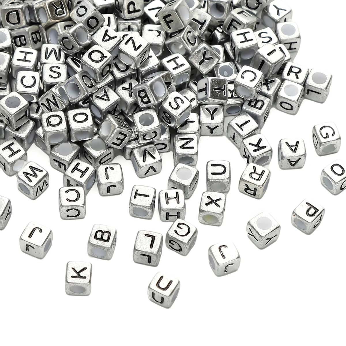 50pcs 6mm Antique Silver Color Square Beads English Letter Pattern Acrylic Loose Beads for Jewelry Making Diy Bracelet Materials