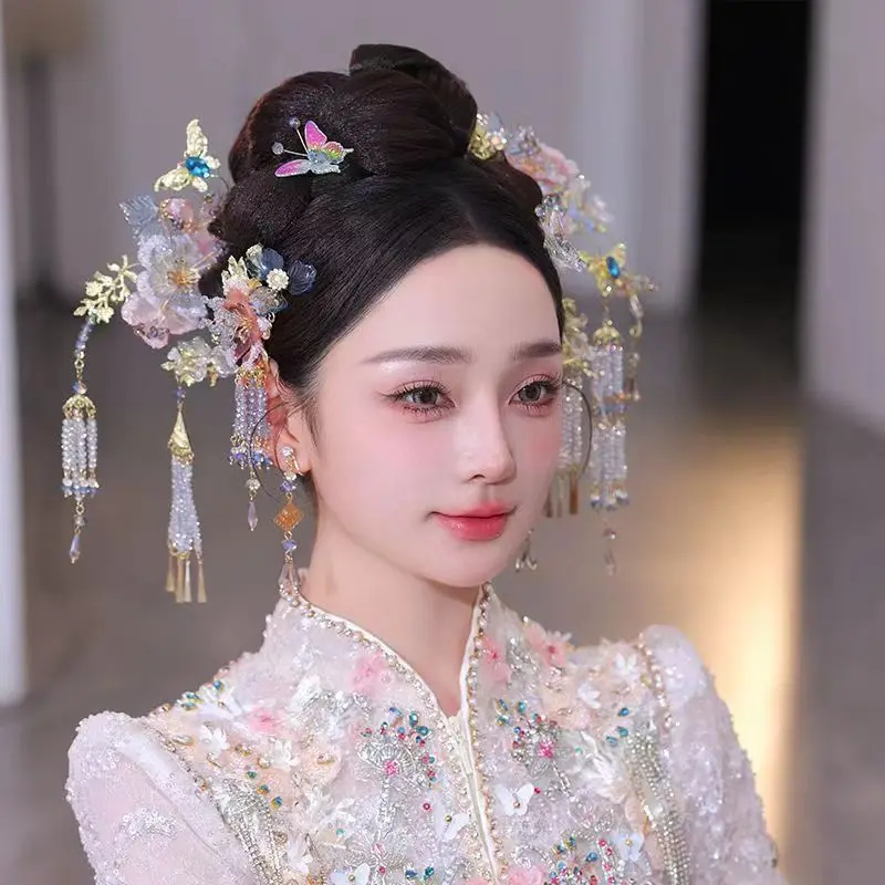 Elegance Light Color Retrob Chinese Hairpins Traditional Hair Accessory  Xiuhe Ancient Flower Tassel Costume Hanfu Headdress Set