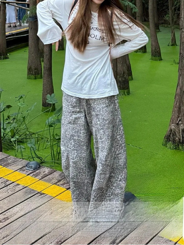 

High Waist Wide Leg Straight Cut Slimming High Street Style Leopard Print Thin Denim Jeans for Women Spring Summer Casual