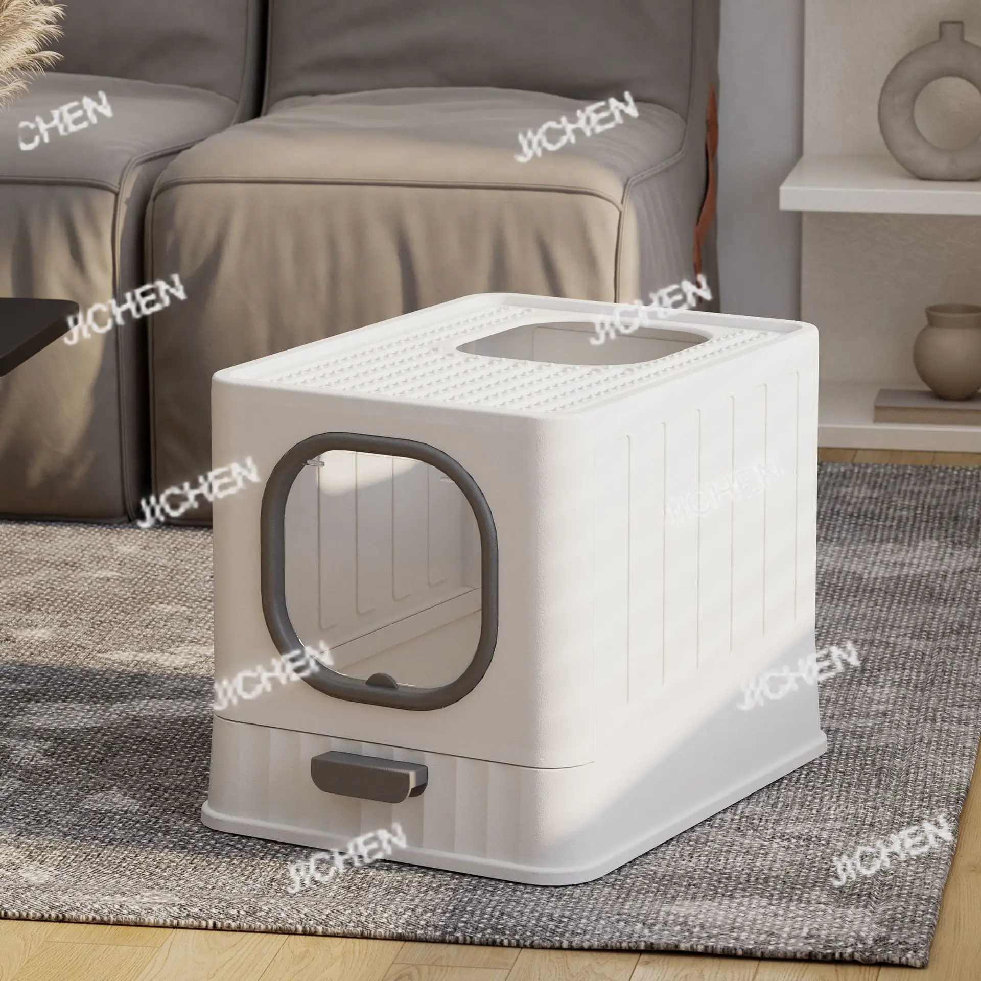 Caja de arena cerrada de plástico para gatos, productos de limpieza para gatos plegables para resistir olores y salpicaduras, y la capacidad de la caja de arena es grande.