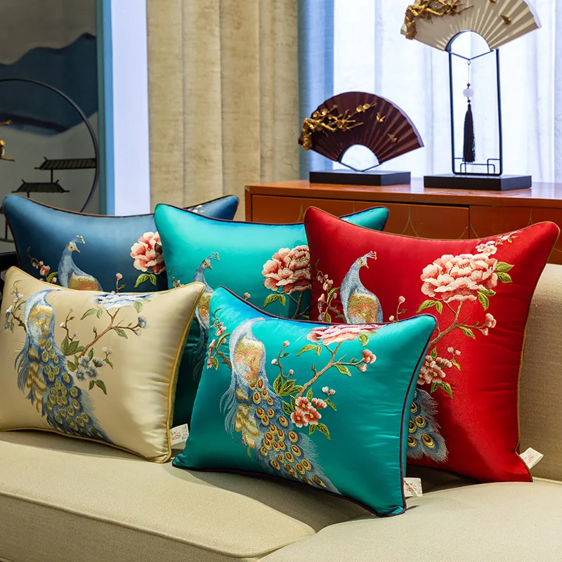 New Chinese style living room sofa cushion peony peacock embroidery pillow cover living room embroidered pillowcase