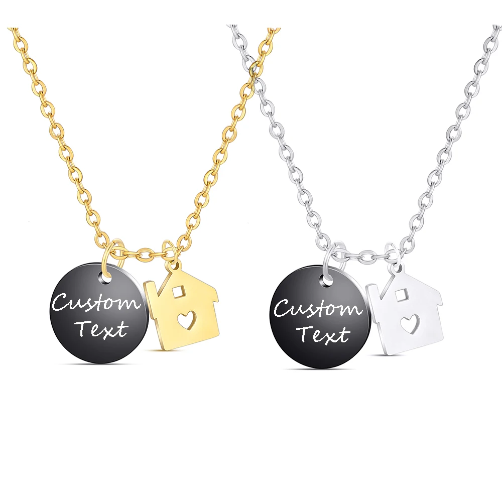 

Personalized Stainless Steel Black Round Necklace Add Small House Cute Pendant Necklace Gift Can Engrave
