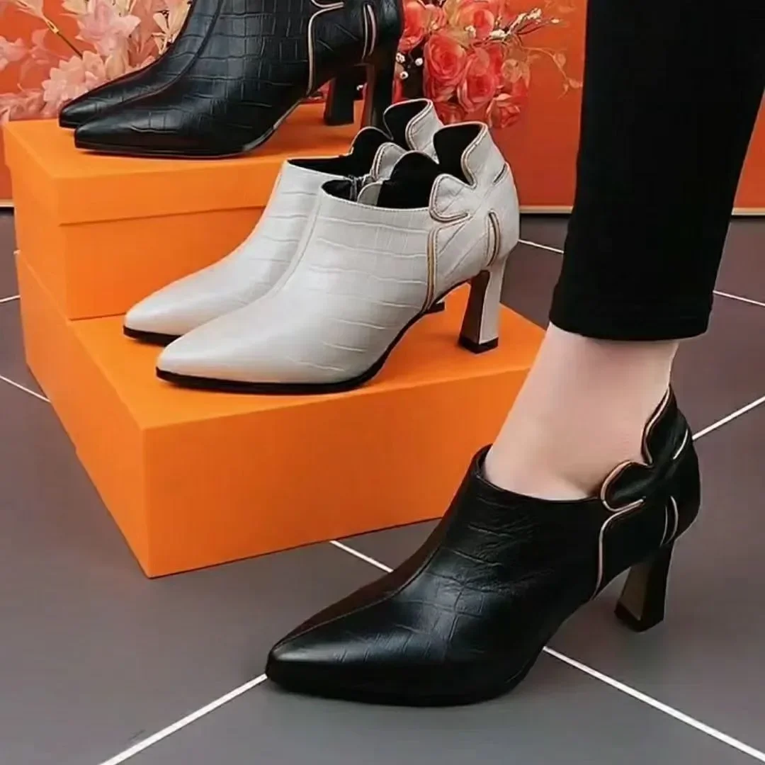 

2024 Deep Mouth Solid Color Single Shoes Spring and Autumn New Thick Heel Fashion All-match Pointed Side Zipper Leather Shoes