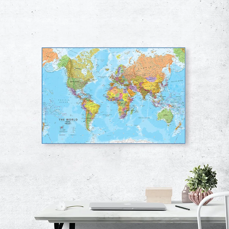 O mapa do mundo 75*50cm com detalhes spray pintura em tela arte da parede cartaz decoração para casa material escolar de escritório em inglês