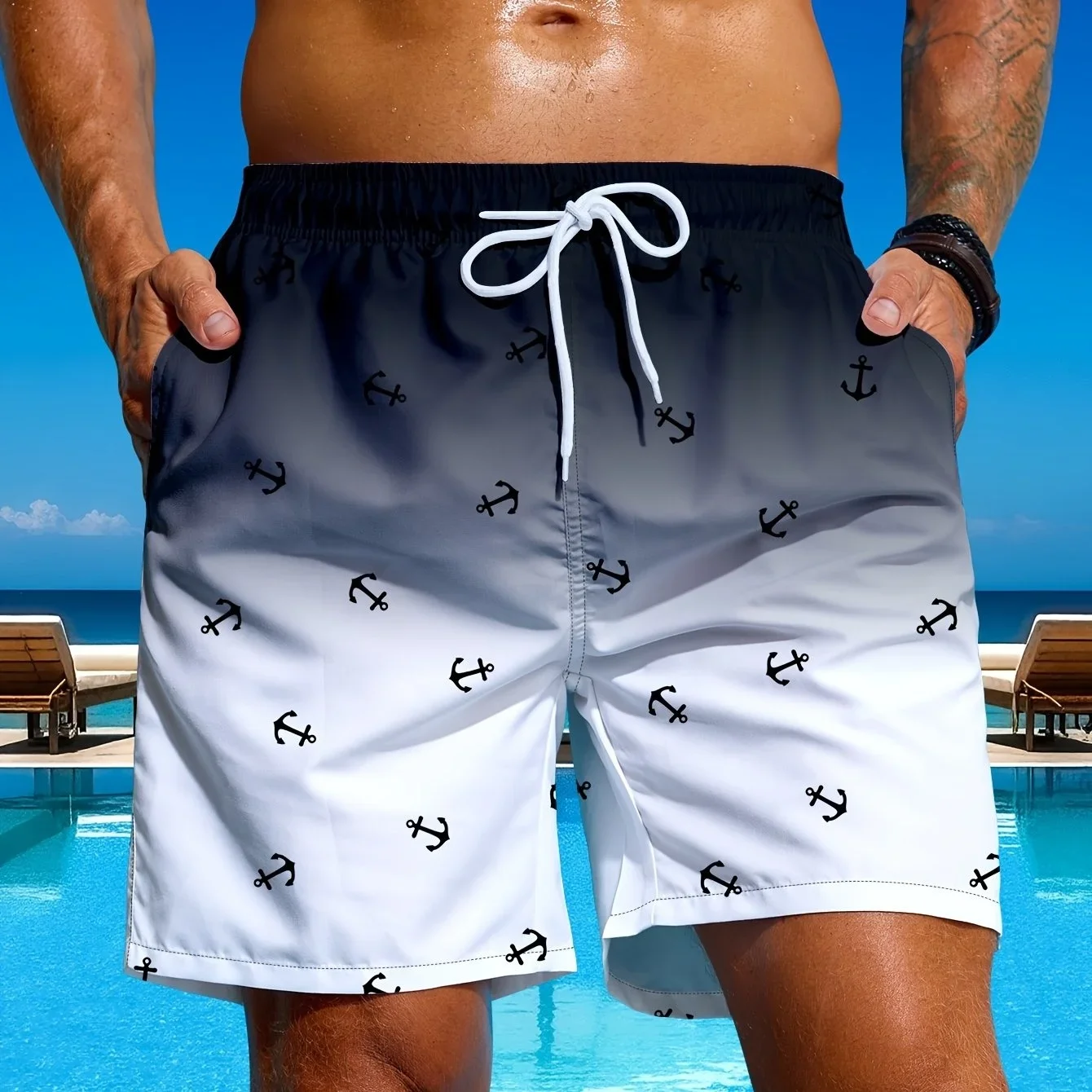 

Мужские стильные плавки с градуированным принтом якоря и шнурком Яркая одежда для пляжного отдыха Яркие купальники Плавки на шнурке
