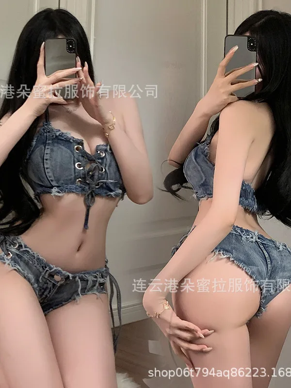 2023 Summer Women\'s Sexy Spicy Girl Temptation Hanging Neck backless Chest Lace Up Top Denim Bikini Shorts Flirting Set FJ7V