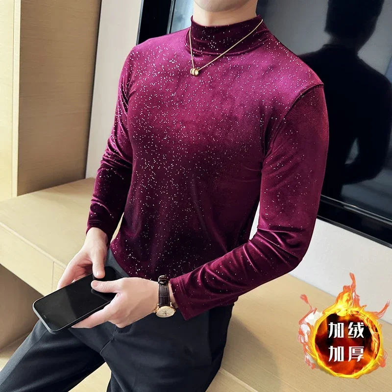 Autumn Velvet Thicken Knitted Pullover Men Luxury Sequins Slim Mock Neck Bottoming Shirt Casual Tops Social Nightclub Streetwear