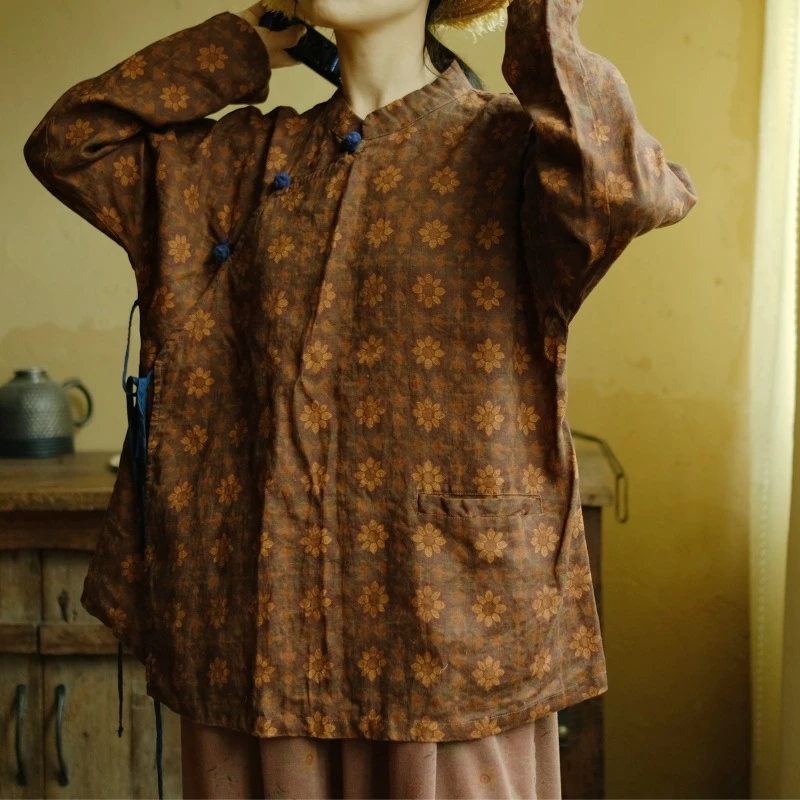 Chinese Style Women Long Sleeve Casual Shirt New 2025 Spring Vintage Style Floral Print Loose Female Linen Tops Shirts M1043