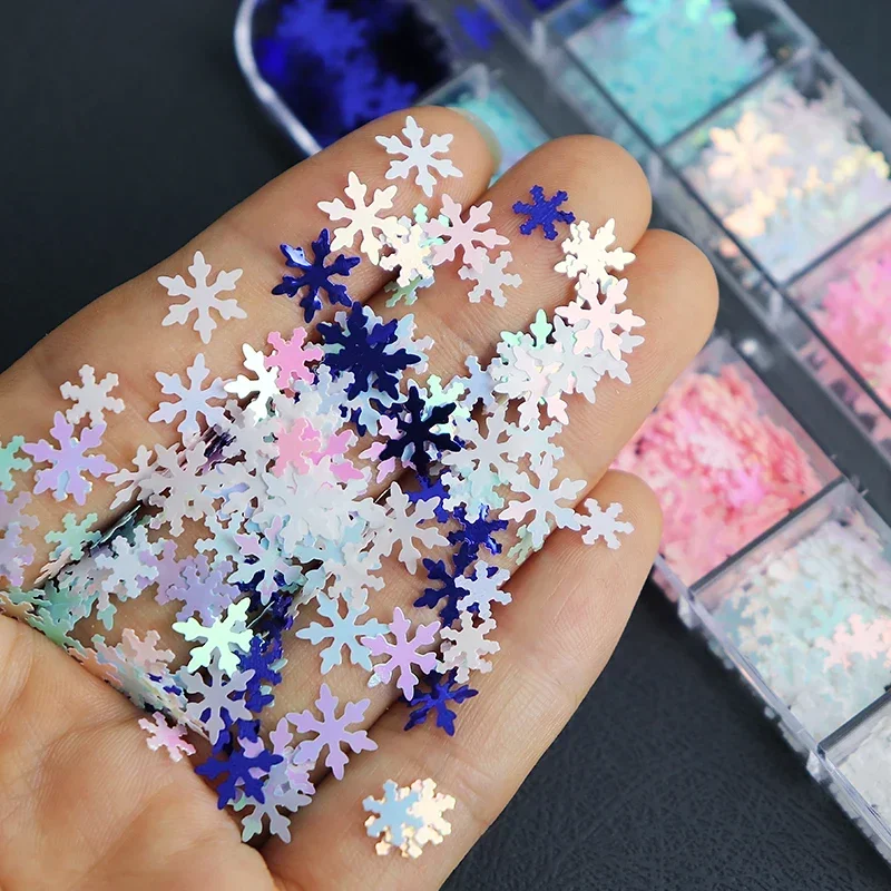 Winter Blue Snowflake Nail Art Decorations Iridescent White Glitter Flakes Sequins Manicure Supplies Christmas Nails Accessories