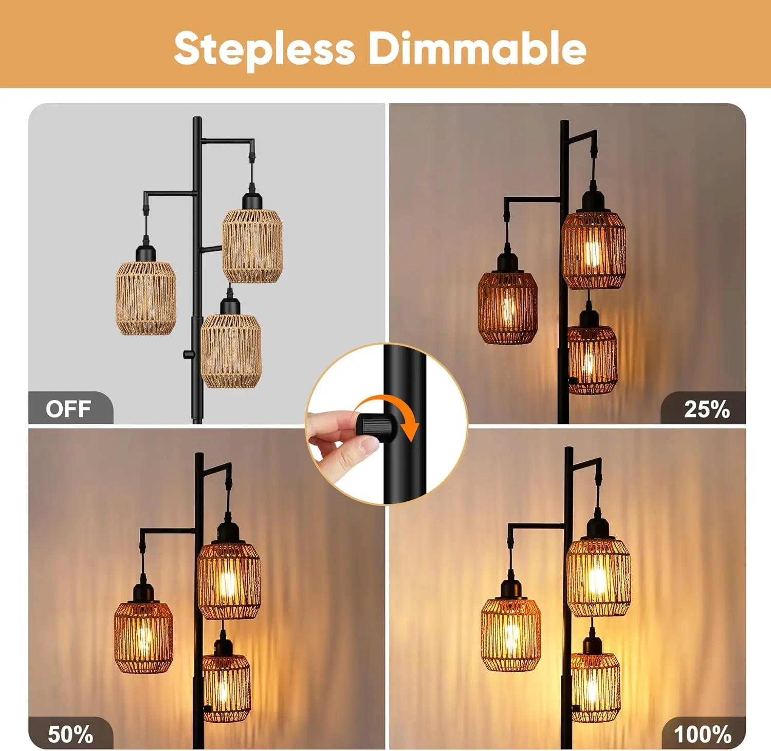 Luminária de Chão de Rattan Regulável com 3 Lâmpadas LED - Estilo Fazenda para Sala de Estar, Quarto, Escritório, 68 polegadas, Preta