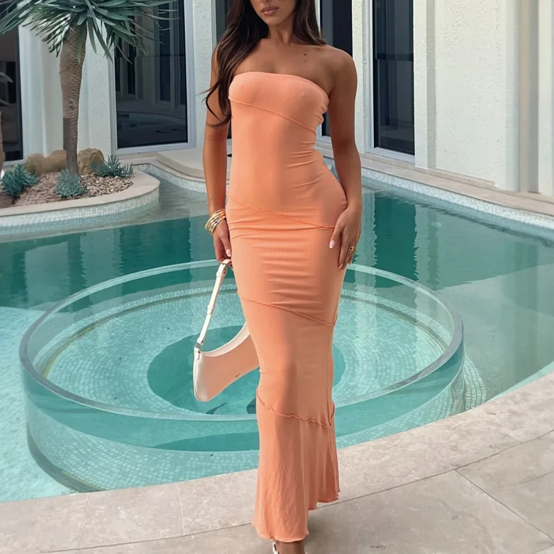 2024 Summer New Dresses for Women Fashion Sexy Strapless Solid Color Ribbed Slim Fit Sleeveless Bodycon Maxi Dress