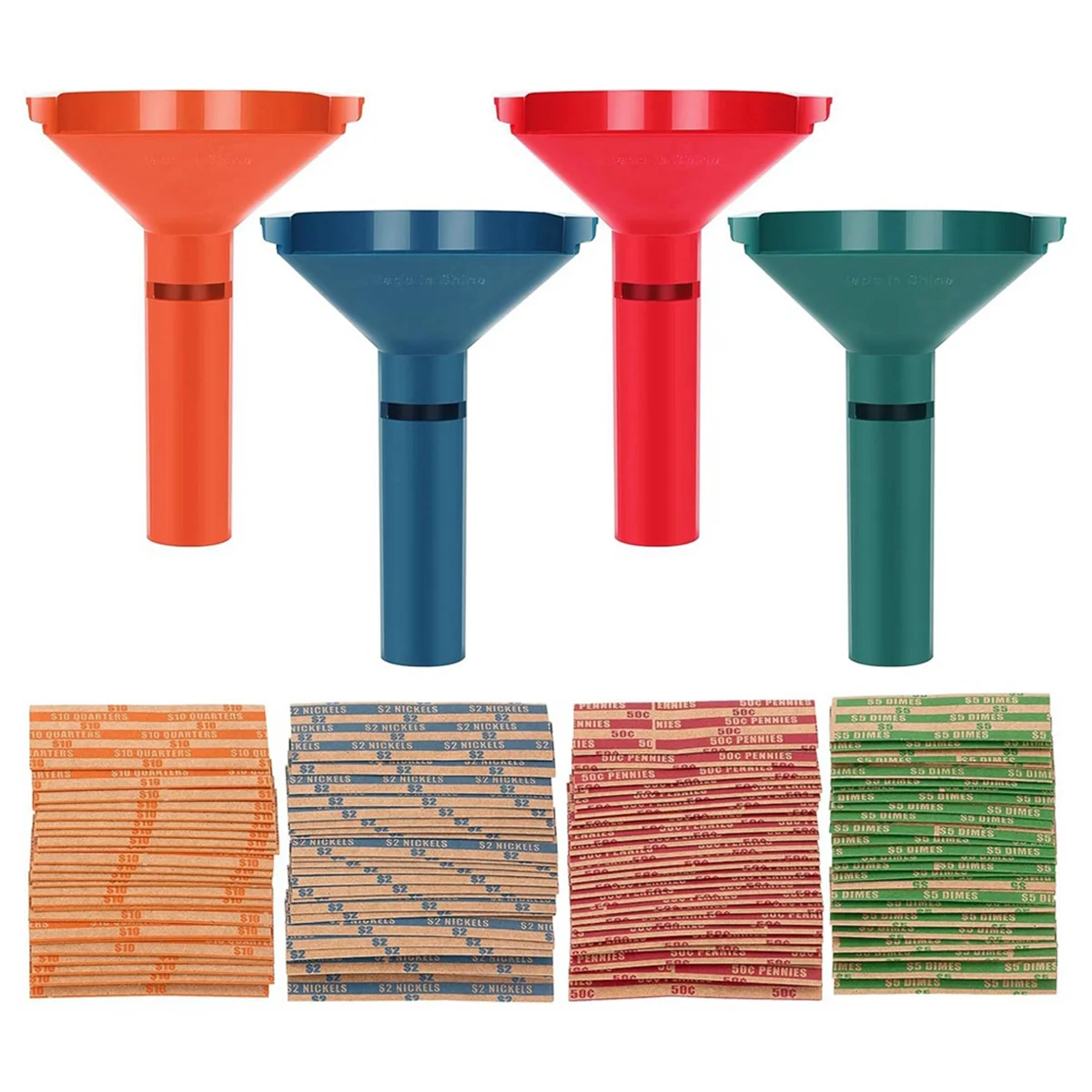 2025+ Coin Sorter Tubes Set of 4 with Coin Wrappers Assorted 100Pcs for Quarter, Dime, and Penny