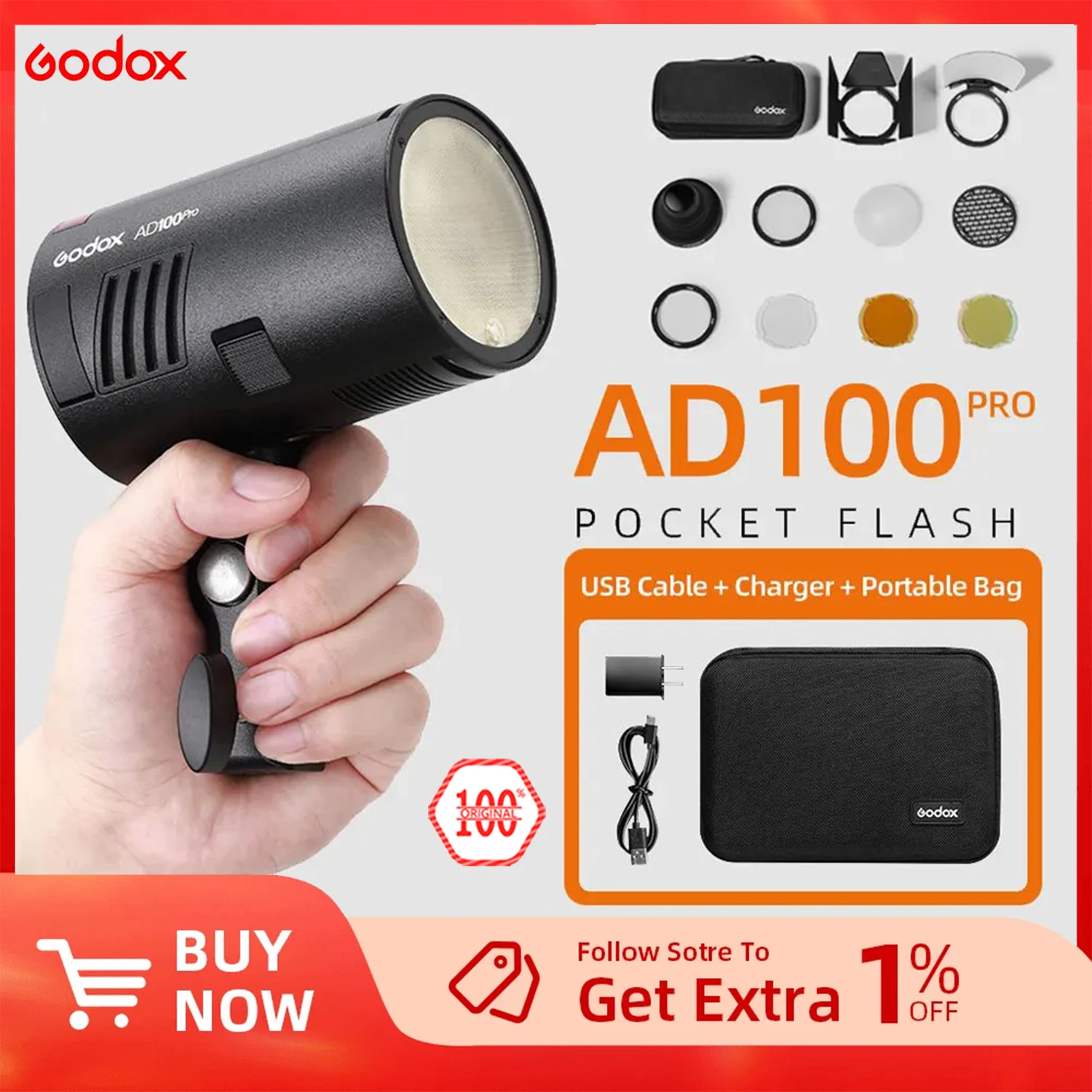 Godox AD100Pro 100Ws TTL 2.4G HSS 1/8000s Pocket Flash Light with 7.2V/2600mAh Lithium Battery 360 Full Power Flashes 0.01-1.5s