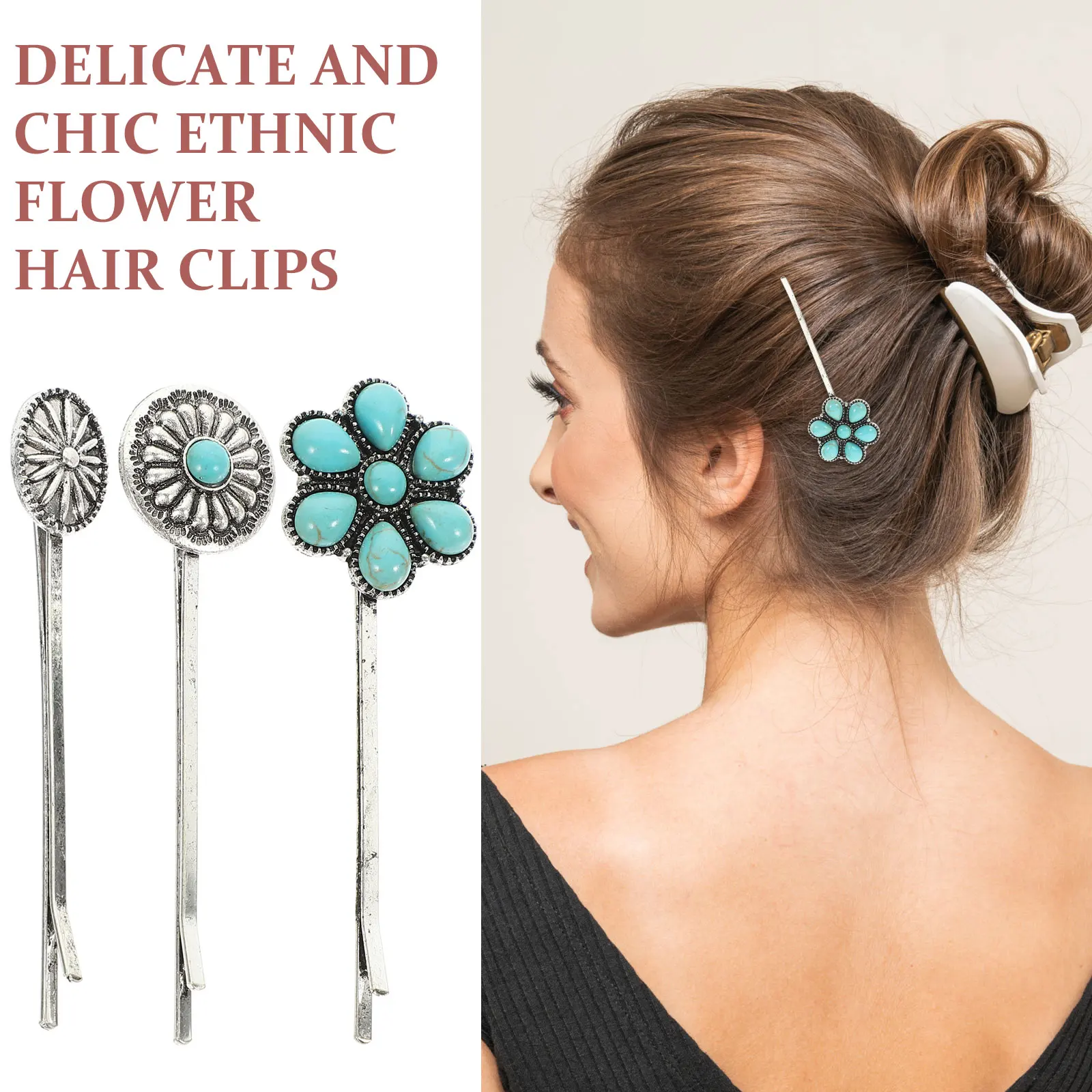 

3pcs Retro Turquoise Flower Hair Clips for Women Styling Accessories Metallic Bobby Pins Easy to Wear Travel Party