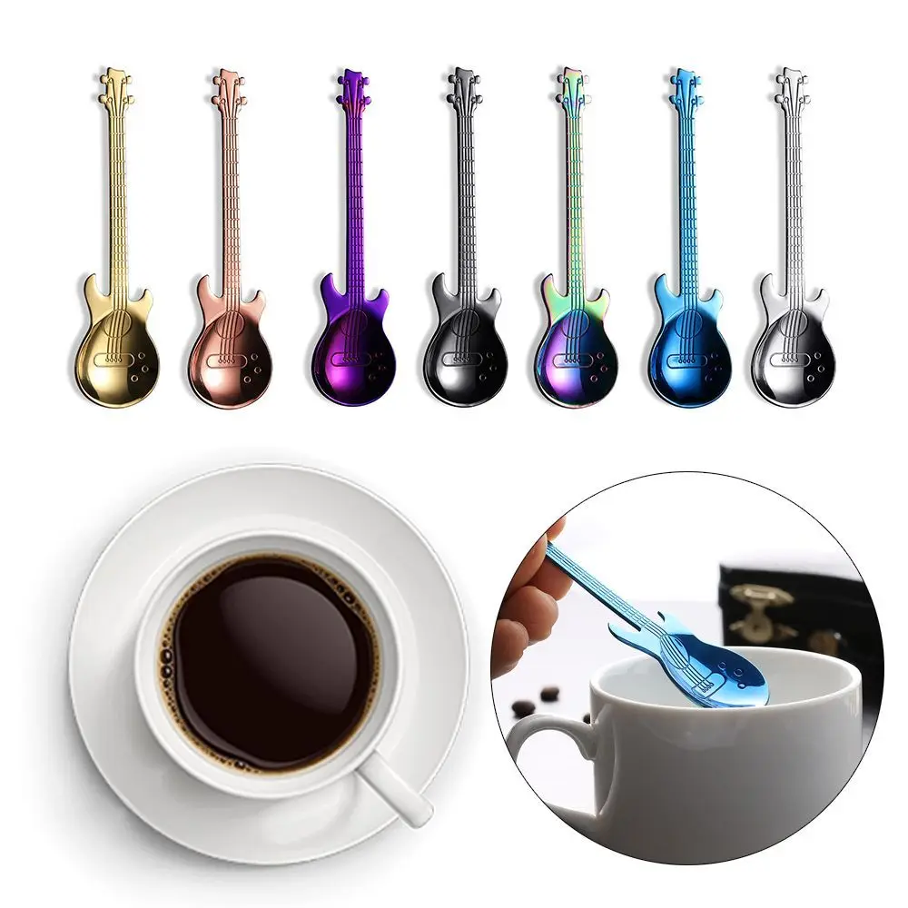 Cute Rose gold Guitar Shaped Black Tableware Stirring Teaspoon Flatware Drinking Tool Coffee Spoon view 5