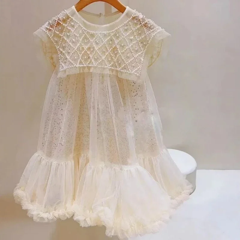 Girls\' Summer 2024 New Big Shawl Pearl Broken Diamond Dress Mesh Princess Style Korean Version Dress