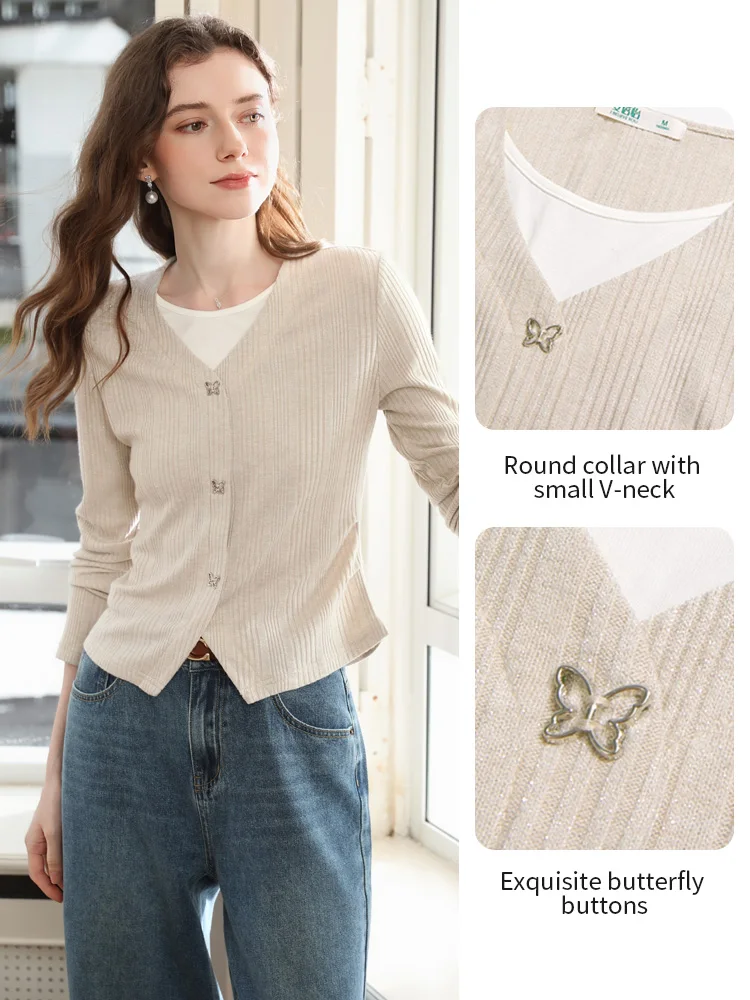 I BELIEVE YOU Women's Apricot Fake Two V-neck Knitted Tops Autumn Chic Butterfly Button Slim Top O-neck Thin Sweater 2253016122 - Image 2