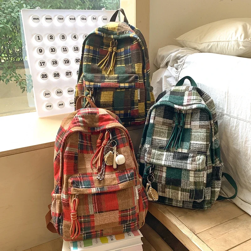 New Fashion Plaid Woollen Women Backpack Student Book Bag Backpacks for Teenage Girls School Bags Laptop Travel Rucksack