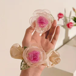 New Mesh Sweet Pink Rose Hair Clips for Women Korean Fashion Temperament Flower Hair Loops Cute Girl Hair Accessories