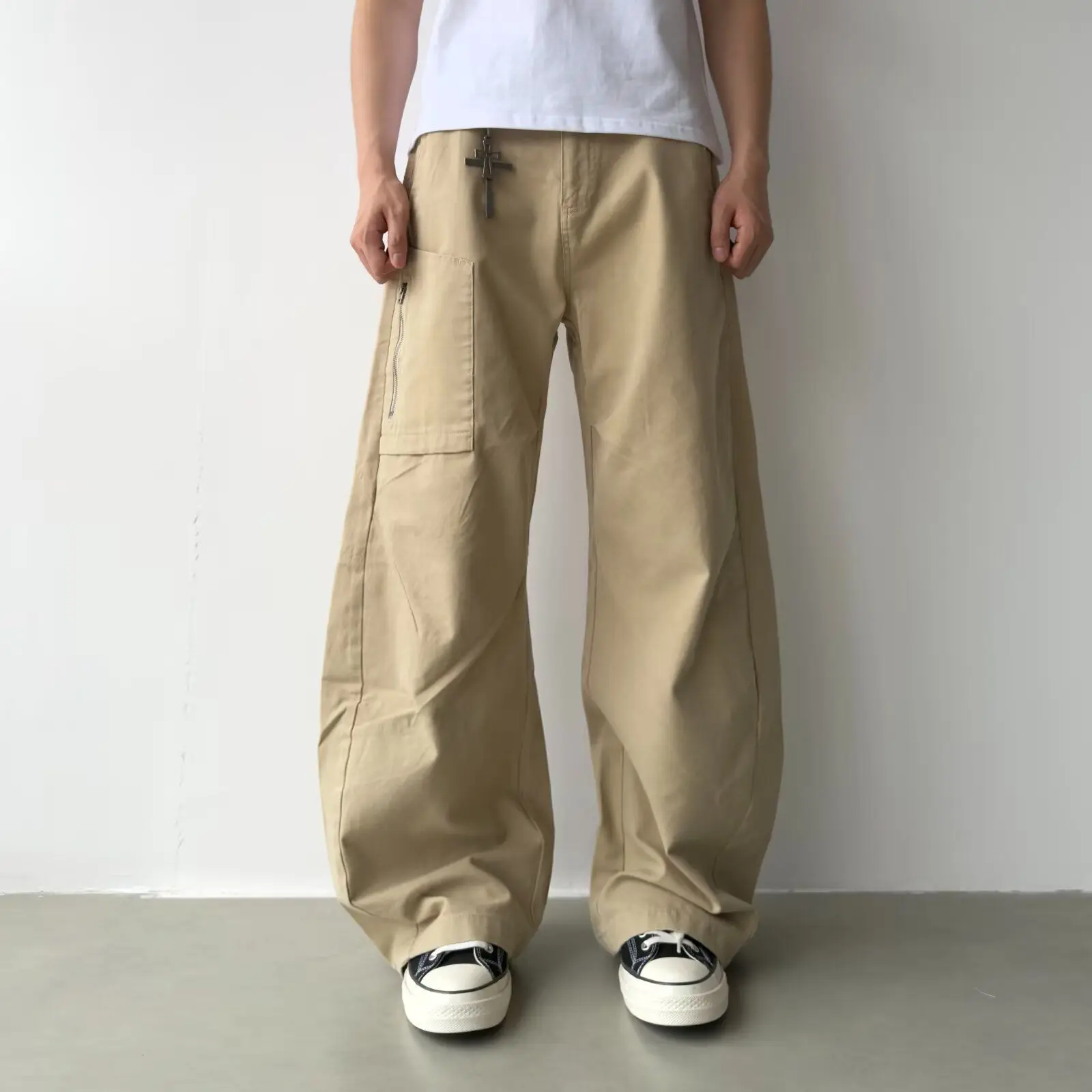 Men's Minimalist Solid Color Casual Pants Retro Bottom Boys Wide Legs Thin Sweatpants Male High Waist Loose Trousers
