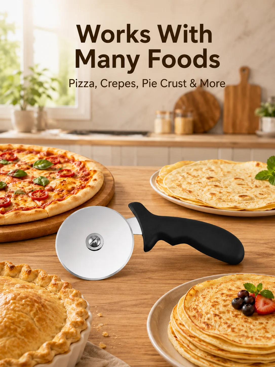 Stainless Steel Pizza Cutter Wheel, Round Rolling Pizza Slicer with Ergonomic Black Handle, Sharp Rotary Blade for Pizza, Flatbread, Pastry, Pie, BBQ Dough and Baking Prep, Easy-Grip Kitchen Cutting Tool for Home Cooking