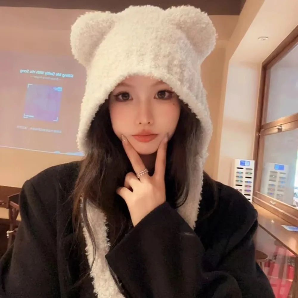 Fashion Y2k Bear Ear Wool Hat With Rope Ear Protection Beanies Cap Lace up Warm Knitted Bomber Cap