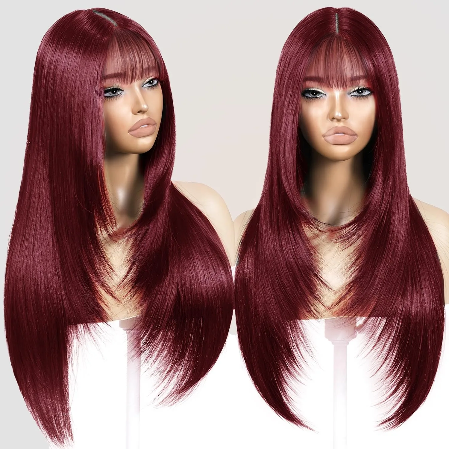 Burgundy Red Layered Cut Wig With Bangs Straight Synthetic And Blend Lace Wig For Women 13x4 HD Natural Hairline Daily Cosplay