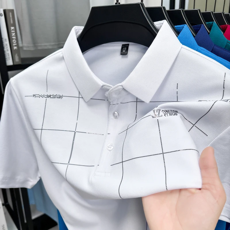 

New Summer Trend High Stretch Men's Lapel Polo Short Sleeve Breathable Casual Cool Striped Plaid Business Designer T-shirt Top