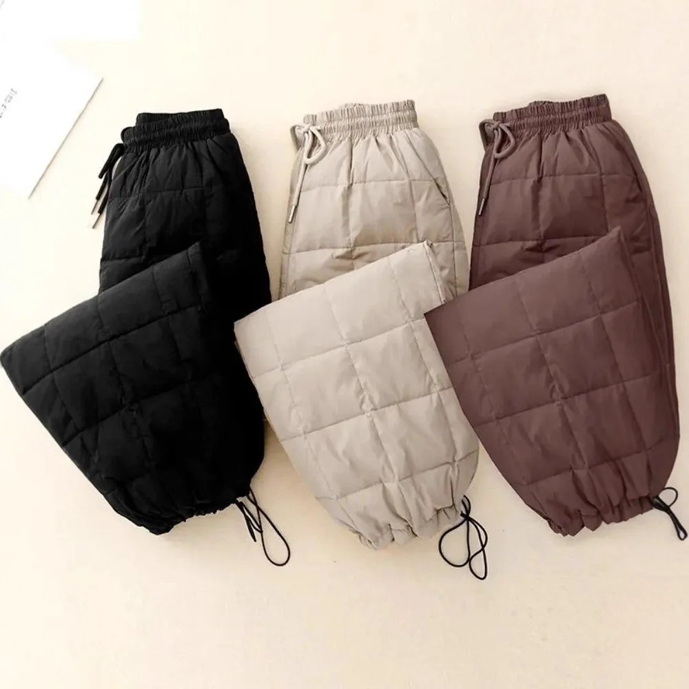 Autumn Winter New Women's Quilted Cotton Pants Drawstring Waist Cuffed Ankle Elegant Trendy Versatile Loose Warm Casual Trousers