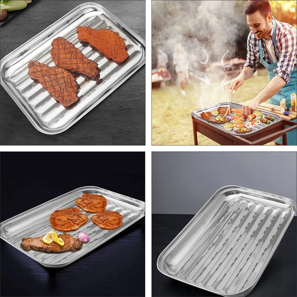 Stainless Steel Grill Pan Barbecue Tray Baking Grilling Plate Tool Household Frying Outdoor