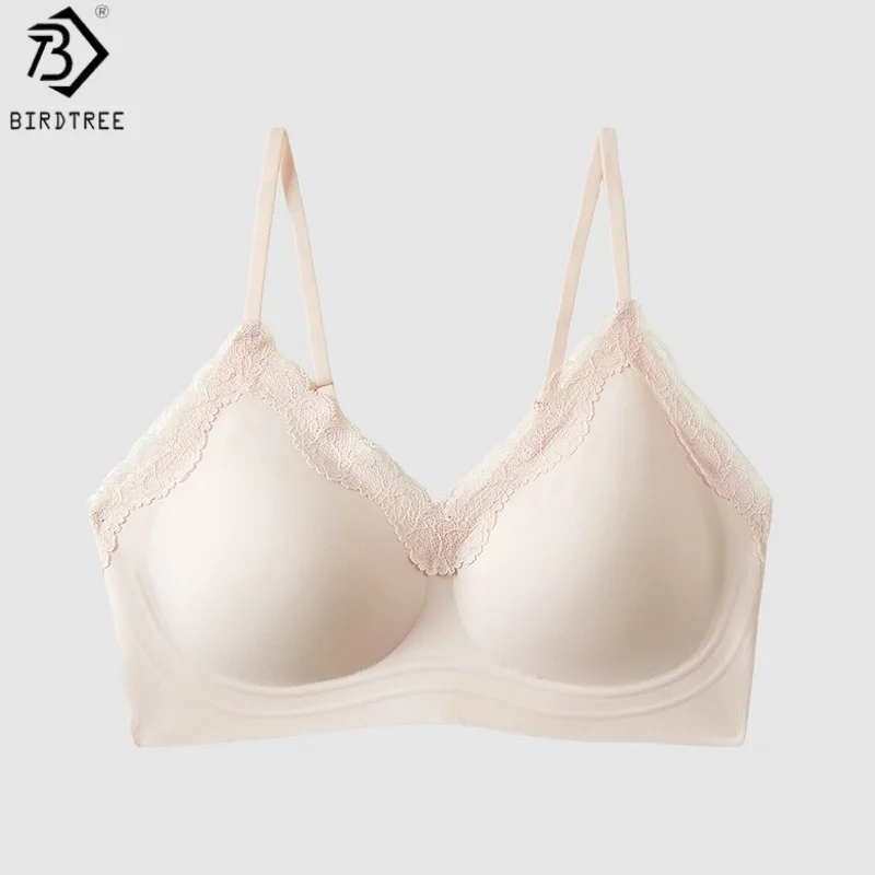 Birdtree, Silk Blended Lining Wireless Bra, Women Traceless Lace Underwear, 3/4 Cup Brassiere, 2026 Summer Autumn New S67708JF