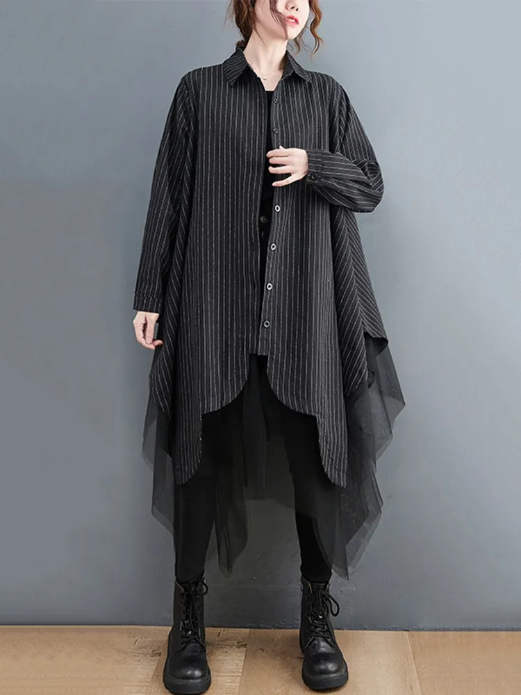 Oversized mesh gestreepte shirtjurk dames shirts met lange mouwen losse casual onregelmatige damesjurken mode vrouw jurk