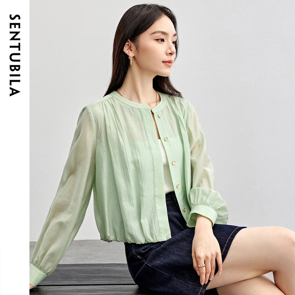 SENTUBILA Women Lyocell Green Shirt 2025 Spring Casual Cozy Straight Crewneck Long Sleeve Button Up Shirts & Blouses 151W57977