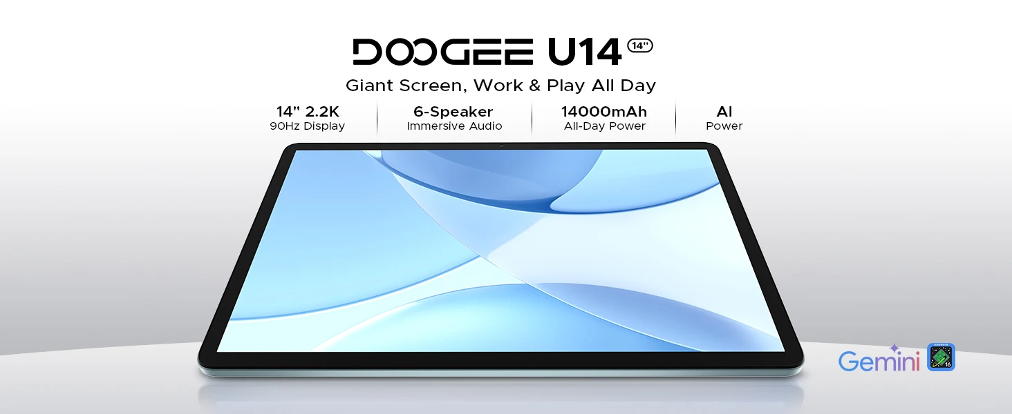 DOOGEE U14 Tablet PC 14'' 2.2K 120Hz Display 56GB+256GB 14000mAh Large Battery 16MP+8MP RK3576S Octa Core WiFi 6 Gemini AI Android 16 Smart Pad
