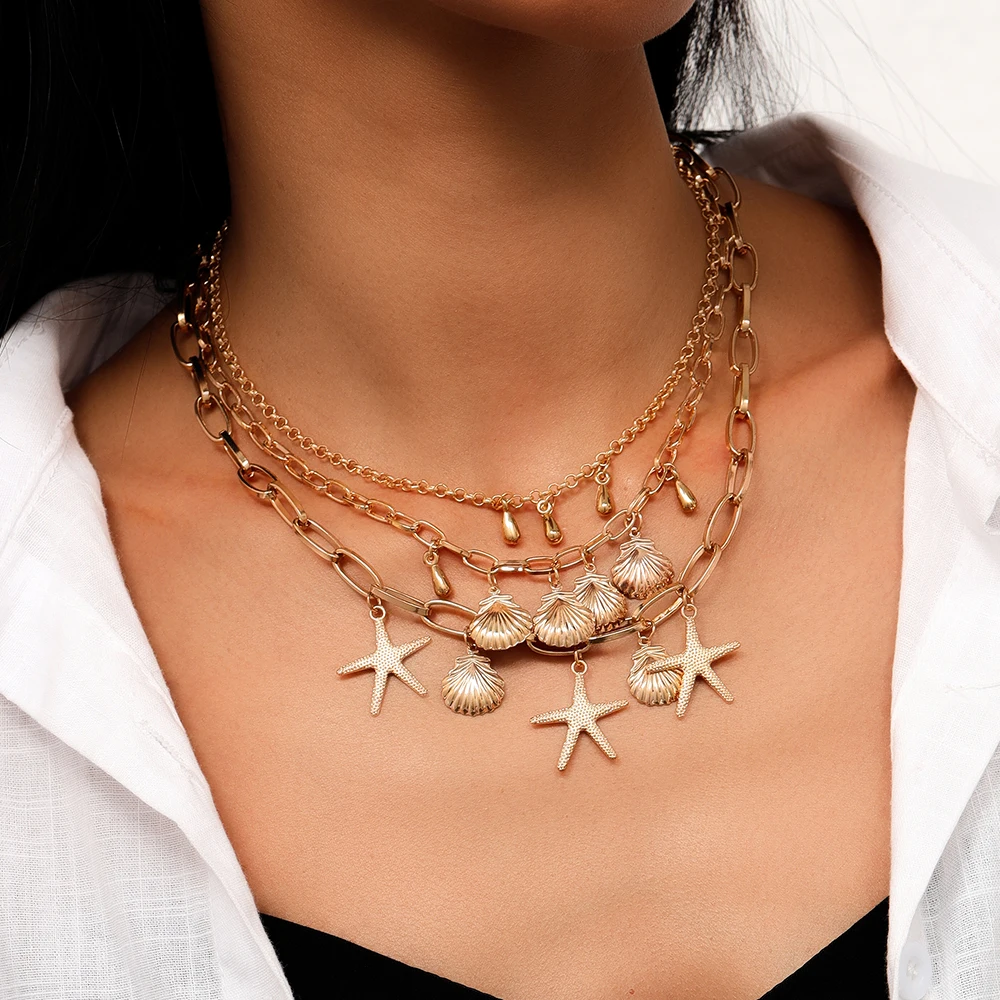 

Fashion Gold Color Starfish Shell Pendants Necklace for Women Multi Layer Choker Necklaces Summer Beach Holiday Jewelry Gift