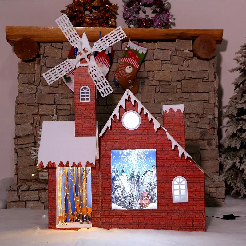 2024 Navidad New Christmas Snow Castle Wooden Windmill Igloo Shopping Mall Hotel Grand Scene Set Chrismas Decorations