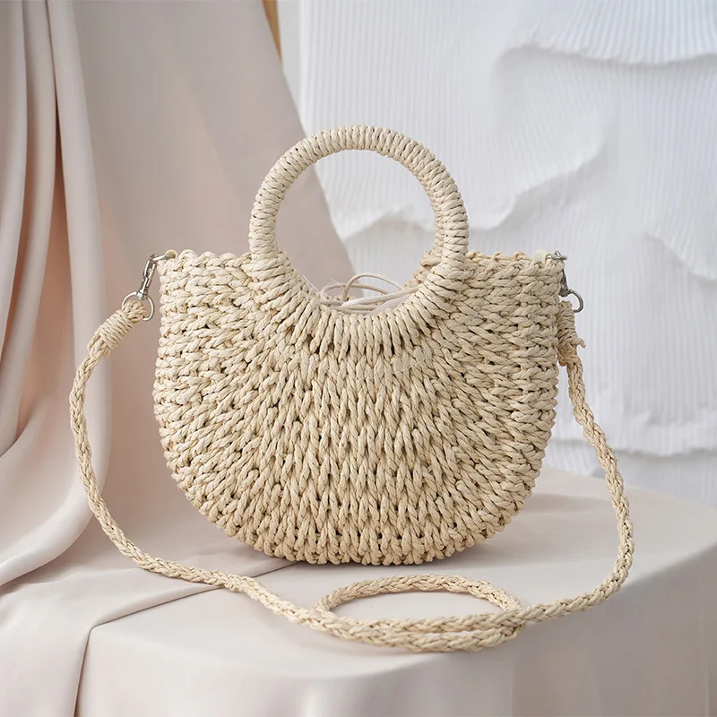 Borsa da spiaggia a mezza luna in Rattan di paglia intrecciata a mano borsa a tracolla a tracolla scavata estiva da donna di grande capacità