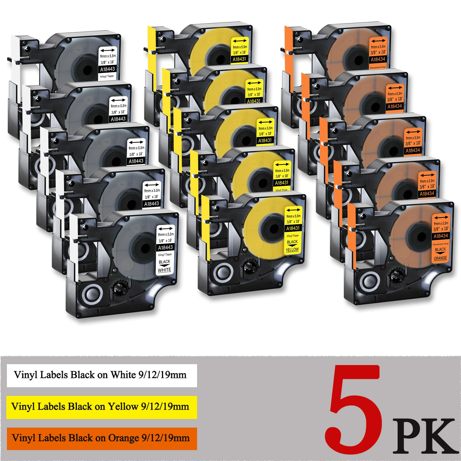 

5PK IND Vinyl Labels A18443 A18431 A18434 Label Tape Black on White/Yellow/Orange Compatible With Dymo Rhino 5200 Label Printers