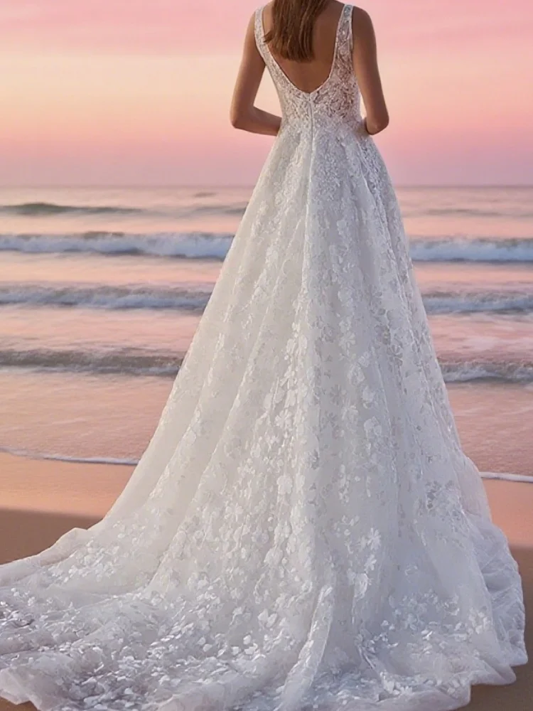 

Exquisite Lace Wedding Dress for Lady Customized Deep V Neck Sleeveless Sweep Train Backless Zipper Bridal Gown Vestido ﻿