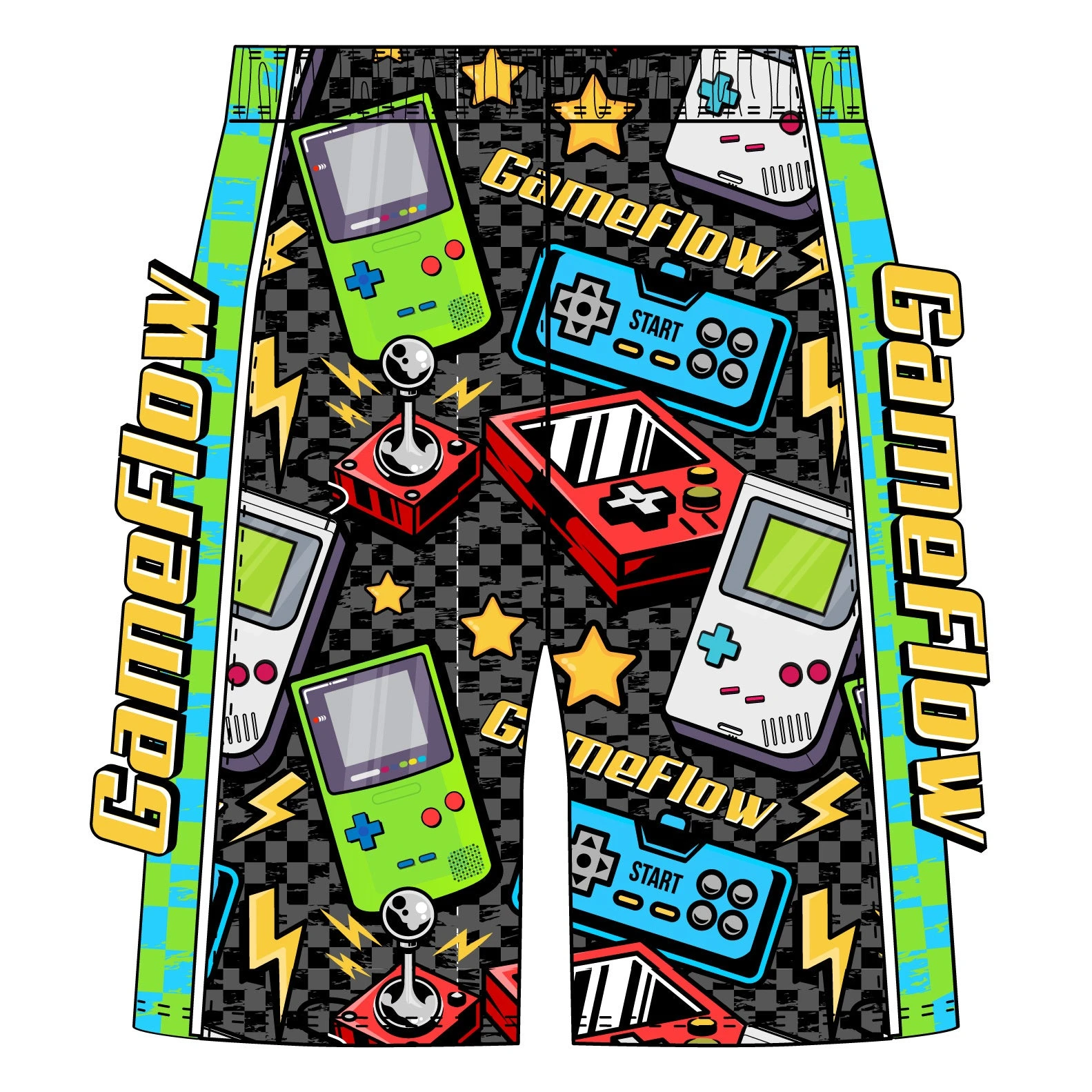 Men's Retro Game Console Pattern Beach Shorts, Handheld Game Controller Print, Drawstring Loose Casual Athletic Shorts